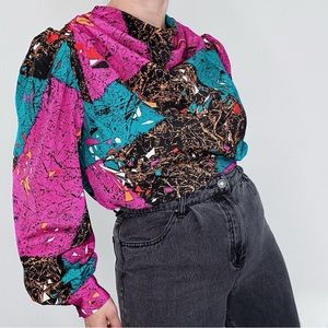 Vintage Abstract Print Cowl Neck Blouse